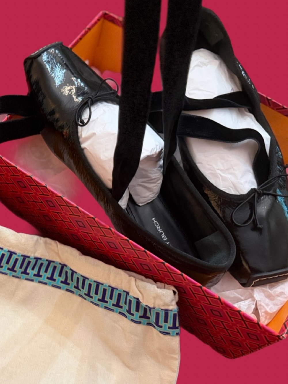 Tory Burch Black Patent Leather Ballet Flats with Ankle Ties